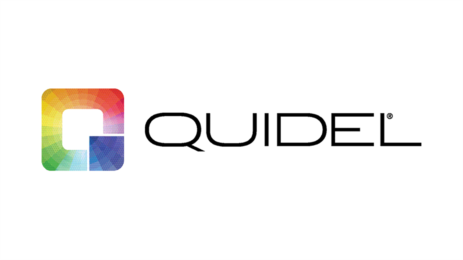 Quidel logo med en fargerik firkant til venstre og svart tekst.