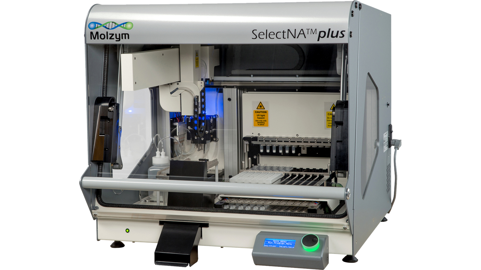 SelectNA plus maskin fra Molzym. Maskinen er brukt til DNA-ekstraksjon og har flere advarselsmerker og en digital skjerm.