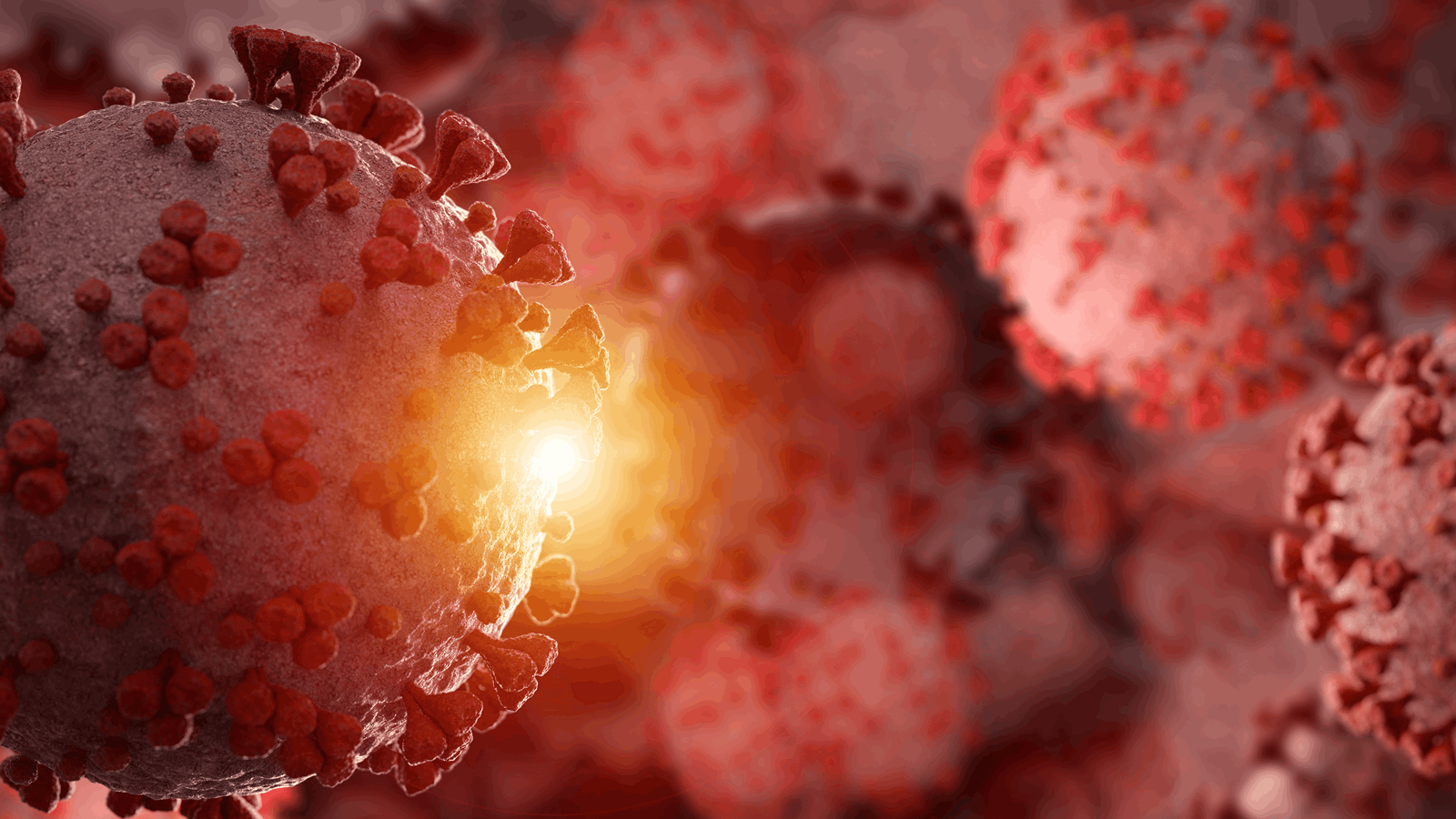 Illustrasjon av koronavirus med røde pigger og lysglimt i bakgrunnen.