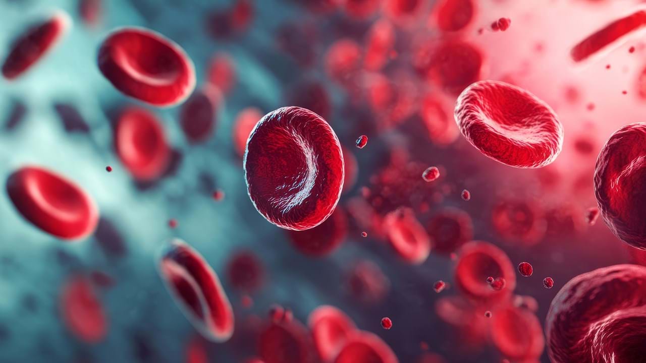 Illustrasjon av røde blodceller som flyter i blodet, brukt for å illustrere temaet laboratoriemålinger og senkningsanalyser (ESR).