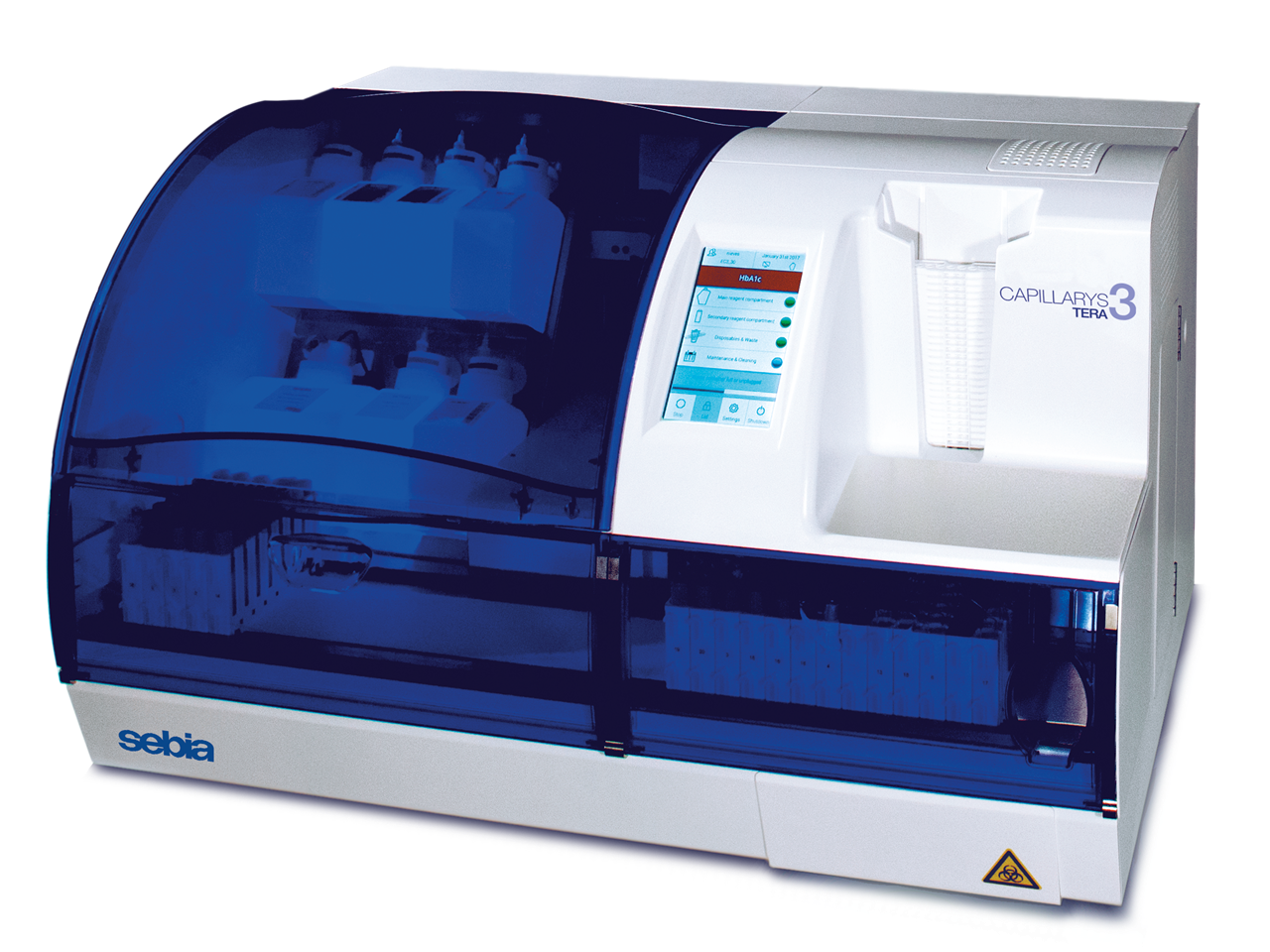 En Seba laboratorieenhet med flere beholdere og et digitalt display.