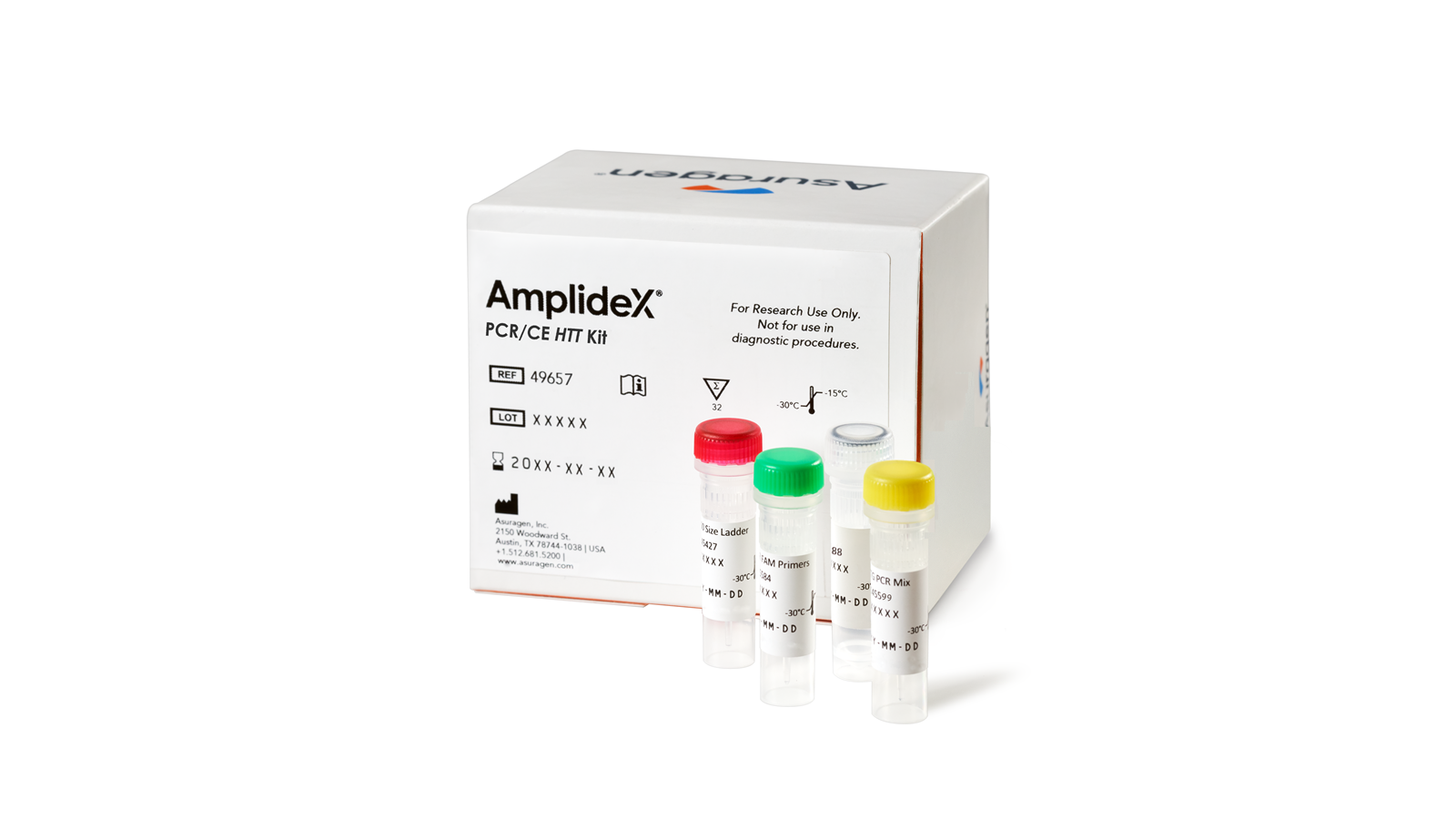AmplideX PCR/CE HTT Kit fra Asuragen, med fire prøverør foran esken.