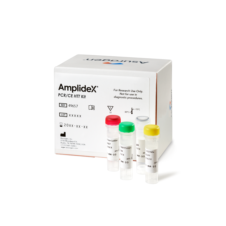 AmplideX PCR/CE HTT Kit fra Asuragen, med fire prøverør foran esken.