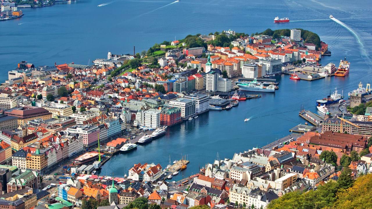 Overblikksbilde av Bergen by, Norge