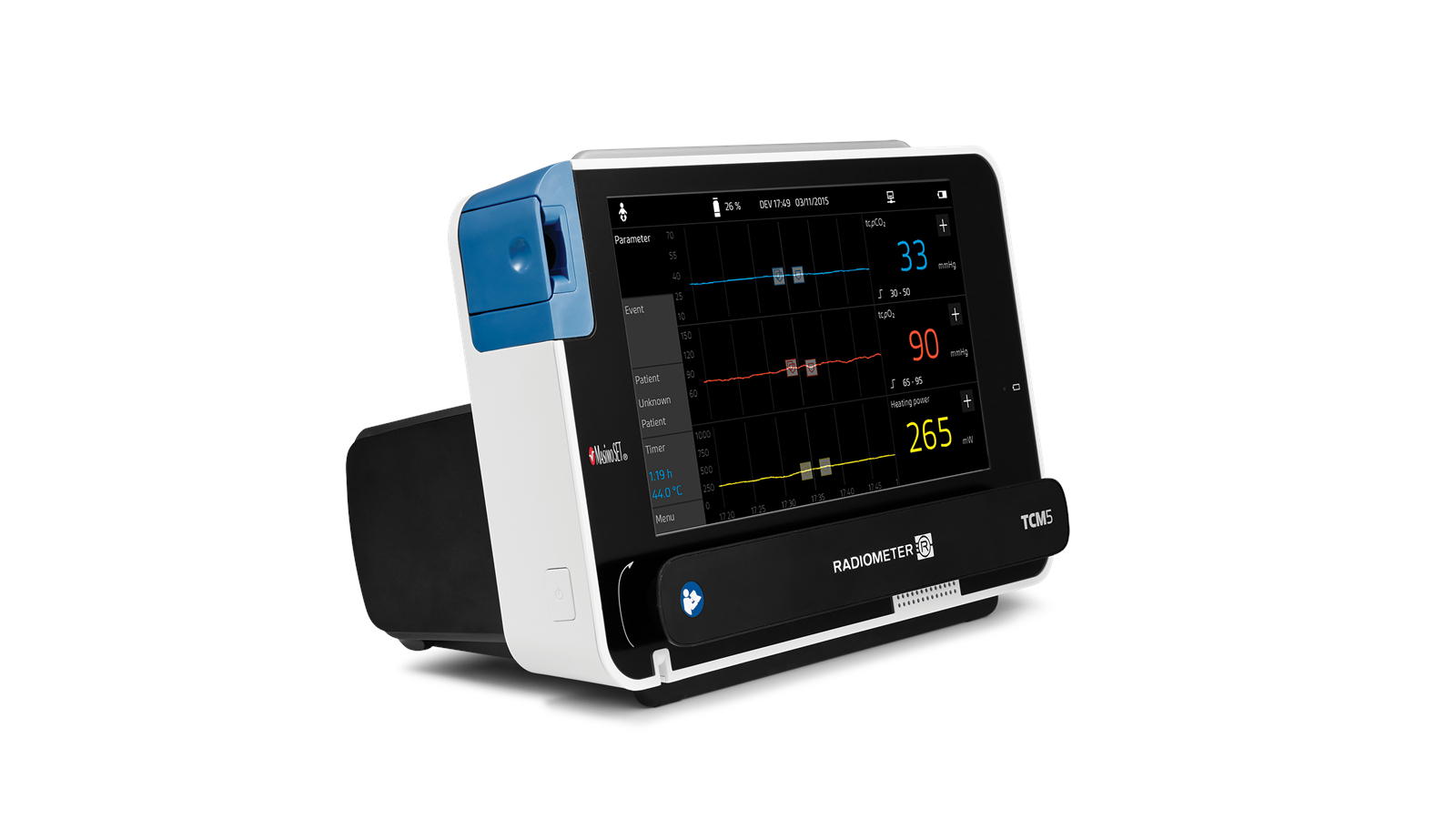 En medisinsk monitor med skjerm som viser forskjellige målinger og grafer.
