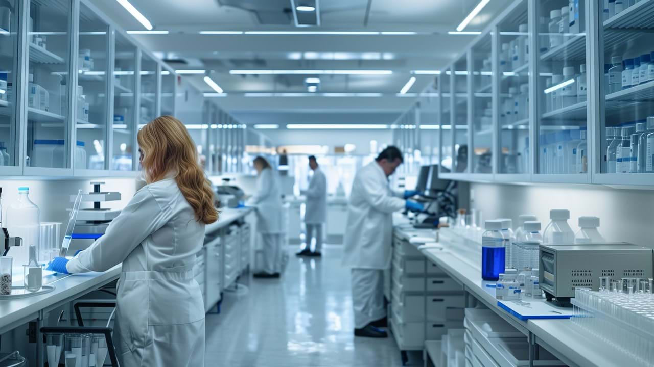 Forskere i hvite frakker jobber i et rent, ryddig laboratorium med flasker og reagensglass. (AI-generert bilde